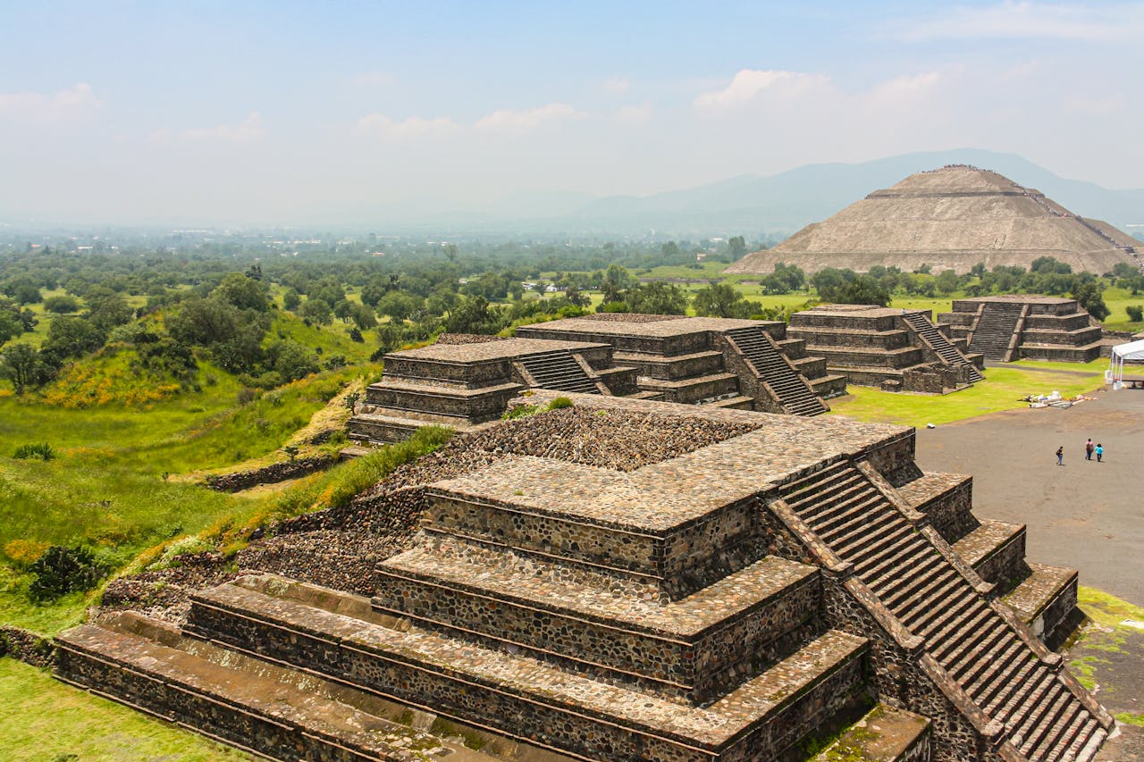 Explore the majestic pyramids of Teotihuacan from a bird's eye perspective, showcasing ancient architecture.